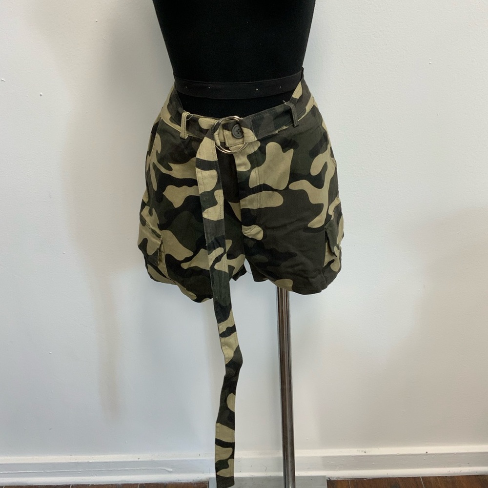 Camo cargo shorts with long ‘o’ ring belt